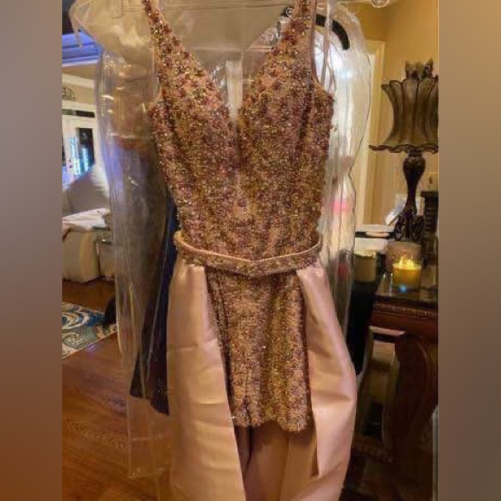 NWT Rachel Allen Fully Beaded Romper 
with a detachable luster satin overlay